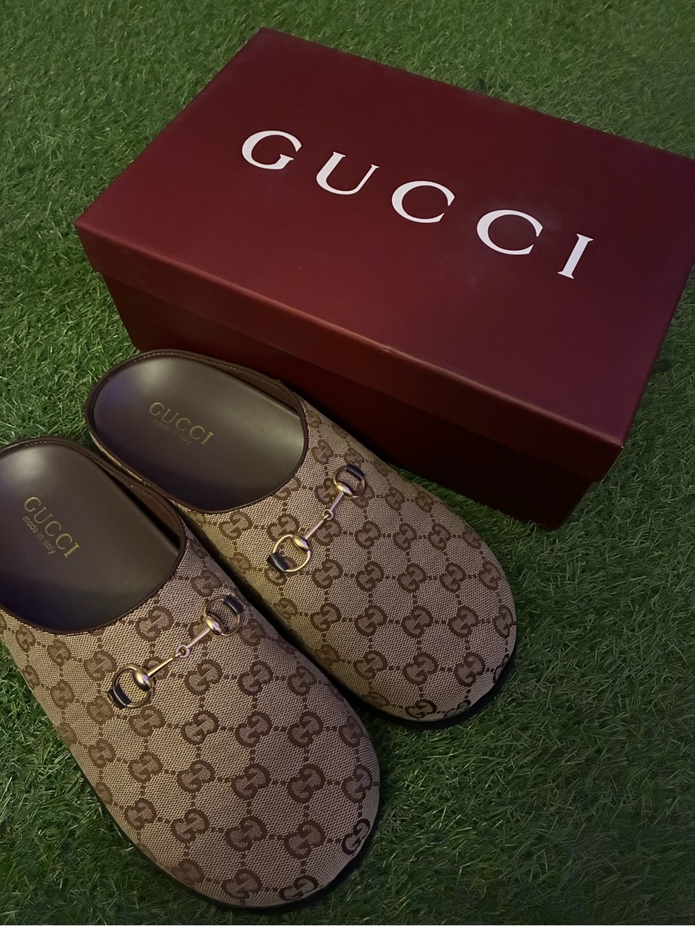 Gucci Beige Brown Canvas Slip-On Mules
